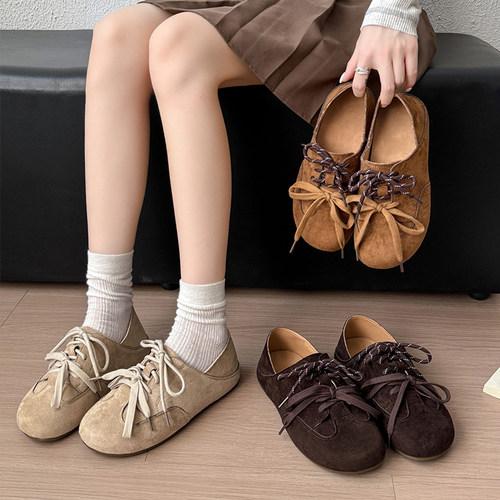 复古棕色两穿平底全包勃肯鞋女