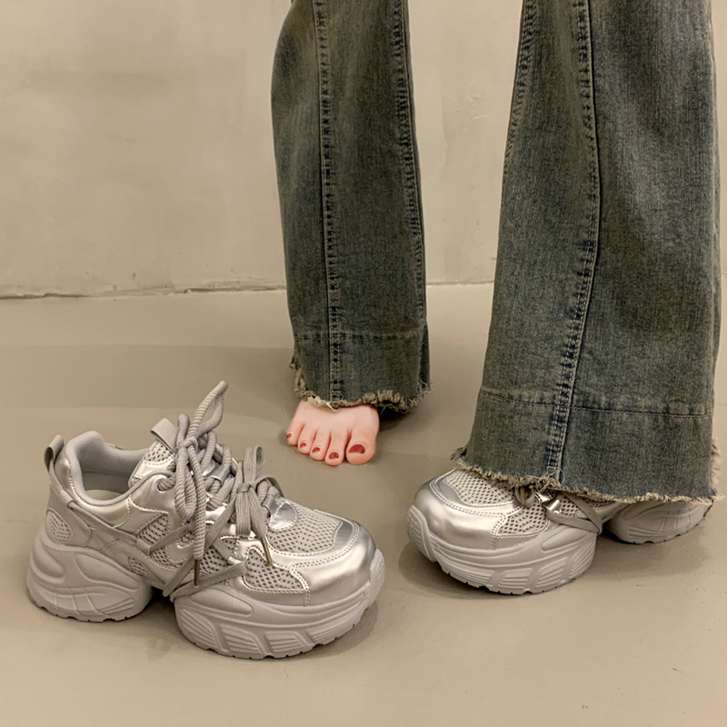 银色厚底百搭老爹鞋女2025秋季