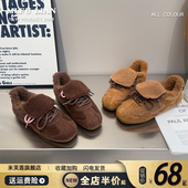 女2025冬季 新款 内增高毛毛鞋 复古软底平底加绒德训鞋 百搭保暖棉鞋