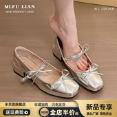 气质圆头蝴蝶结一字带玛丽珍鞋 银色小皮鞋 女2025春季 浅口粗跟单鞋