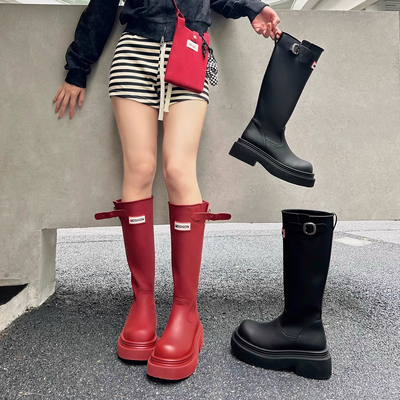红色厚底防滑高筒靴子长筒靴女