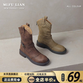 复古皮带扣铆钉西部靴骑士靴短靴女2026夏新款 英伦马丁靴平底单靴