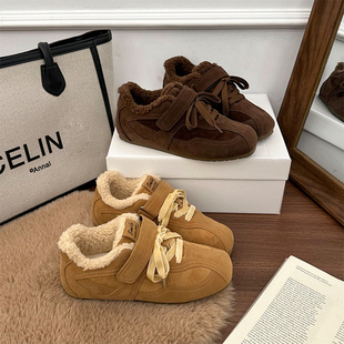 复古平底加绒德训鞋女2025冬季新款内增高毛毛鞋勃肯鞋保暖棉鞋子