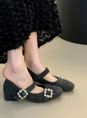 法式小香风加绒方头水钻粗跟玛丽珍鞋女2025秋冬新款毛毛鞋晚晚鞋