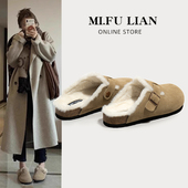 勃肯鞋 女2025新款 秋冬一脚蹬加绒博肯单鞋 毛毛鞋 厚底包头半拖棉鞋