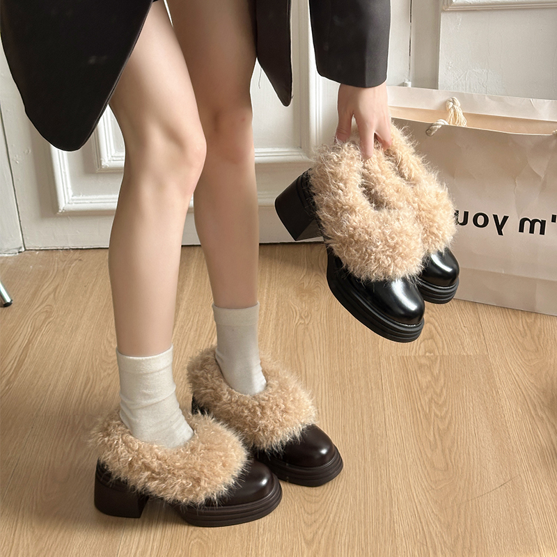 厚底粗跟高跟鞋复古毛毛鞋女2025