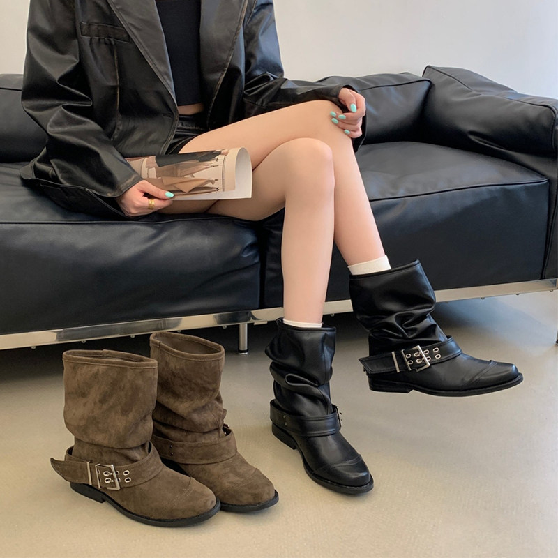 复古马丁靴堆堆靴女2026新款秋冬季皮带扣中筒粗跟西部靴褶皱短靴