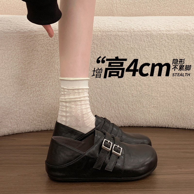 厚底内增高勃肯鞋女2026春季新款皮带扣百搭皮面一脚蹬复古单鞋子