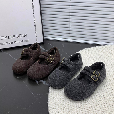 复古双排扣毛呢平底玛丽珍鞋女