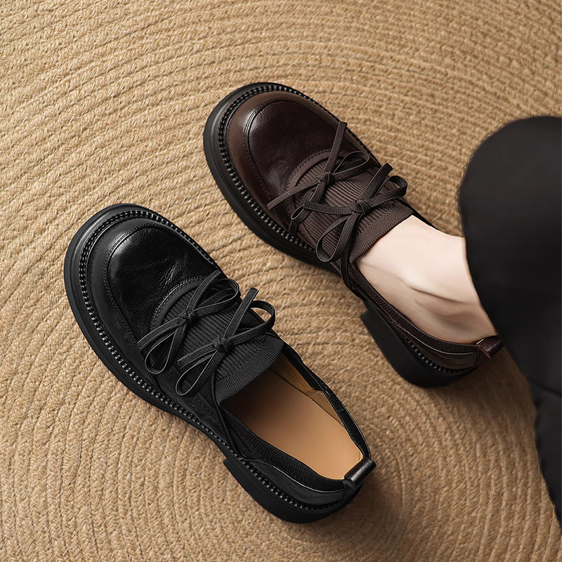 复古英伦厚底乐福鞋女2025秋冬新款一脚蹬单鞋粗跟圆头拼接小皮鞋