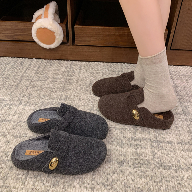 厚底厚底毛呢加绒包头半拖鞋女