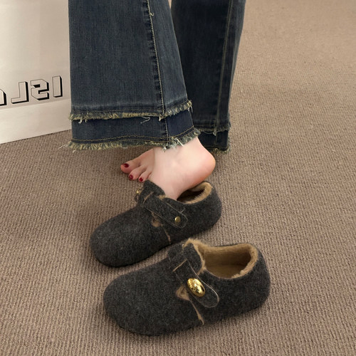 复古圆头毛毡加绒勃肯鞋女加绒