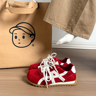 红色拼色德训鞋女2026春季新款百搭休闲阿甘鞋系带板鞋轻便运动鞋
