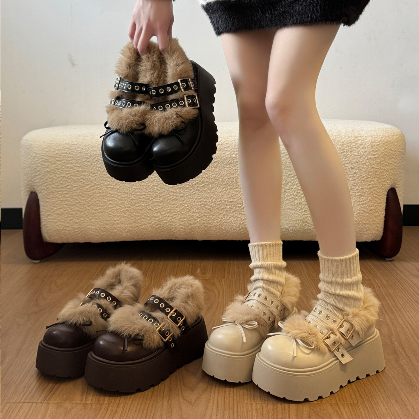 厚底增高毛毛深口雪地靴女款2025冬季新款保暖松糕底一脚蹬棉鞋子,女鞋,深口单鞋,淘宝优惠券,粉丝福利购,淘宝优惠卷