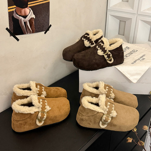 复古内增高棕色厚底加绒棉鞋