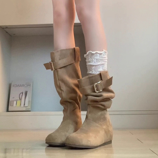 复古褶皱堆堆靴长筒靴女2026秋冬新款显瘦内增高小个子中筒时装靴