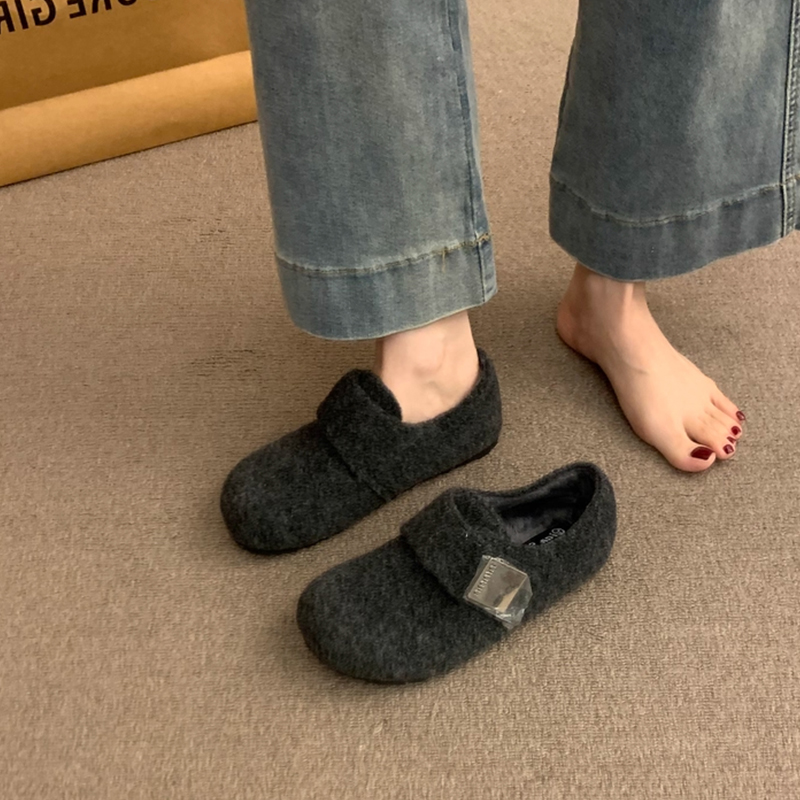 法式复古毛绒鞋子加绒勃肯鞋女