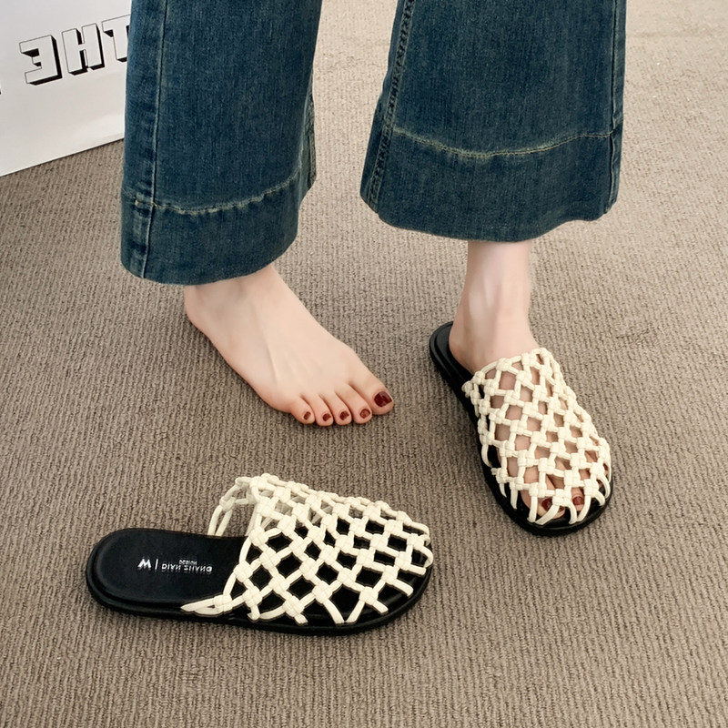 平底渔网编织包头半拖鞋女夏外穿图片