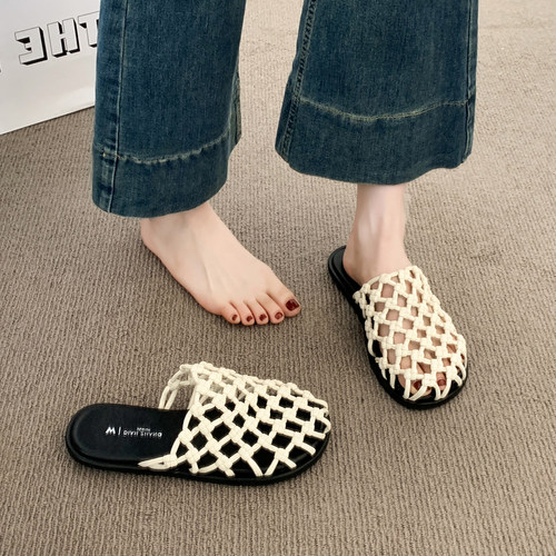 平底渔网编织包头半拖鞋女夏外穿
