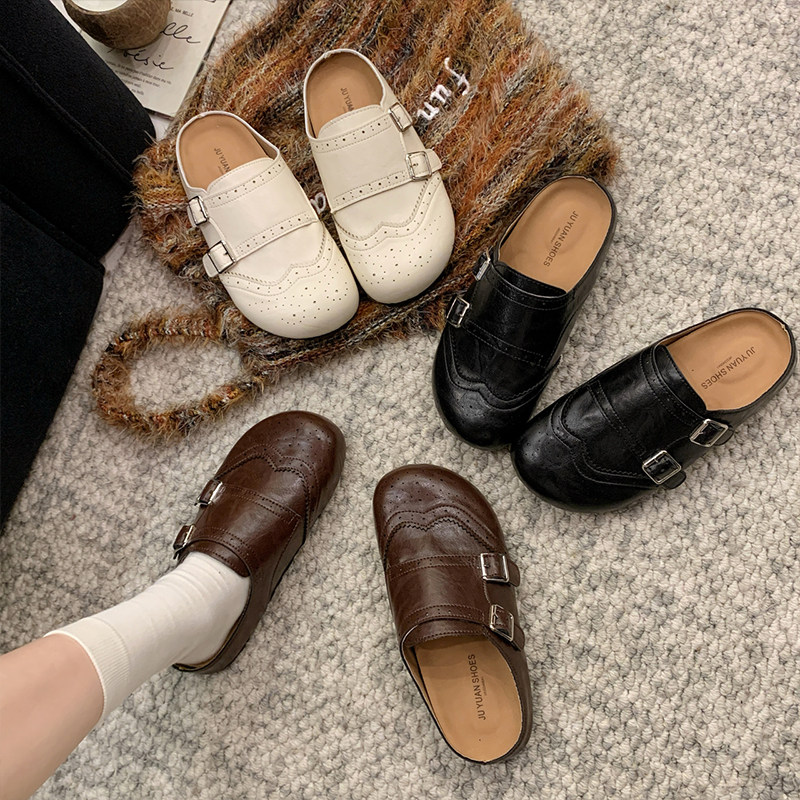 巴洛克皮面包头半拖女外穿2026春季新款一脚蹬增高百搭厚底勃肯鞋