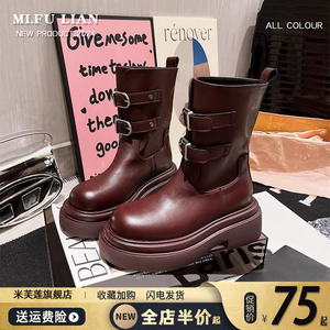 安可拉红色马丁靴女鞋皮带扣厚底松糕机车靴短靴秋冬小个子骑士靴