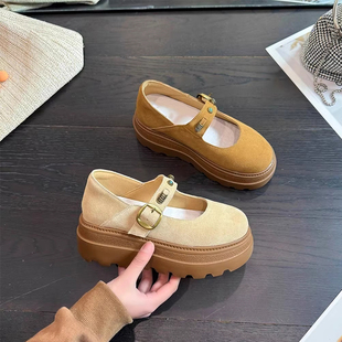 乐福鞋 7cm内增高厚底玛丽珍鞋 女一字扣带勃肯小个子复古休闲单鞋