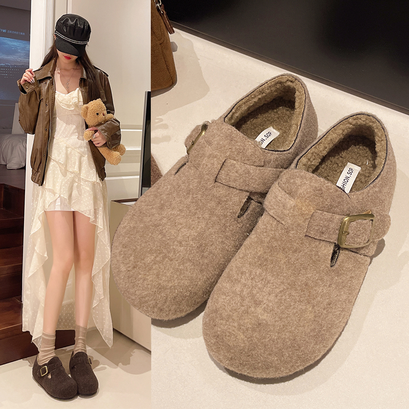 厚底毛呢勃肯鞋女2025秋冬新款