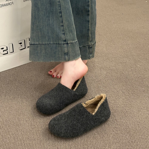 复古圆头毛毡加绒勃肯鞋女2025