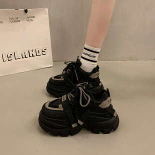 黑色休闲运动鞋 秋冬欧货爆款 女小个子增高2025新款 厚底松糕老爹鞋