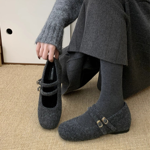新款法式呢子单鞋厚底加绒棉鞋