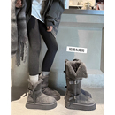 厚底增高加绒加厚长筒保暖雪地棉鞋 灰色短筒雪地靴女2025冬季 新款