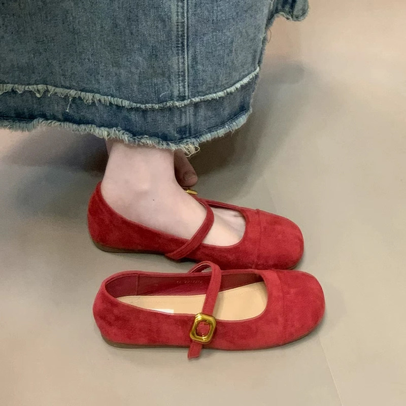 复古红色单鞋女2026秋季新款法式温柔仙女绒面玛丽珍鞋平底豆豆鞋
