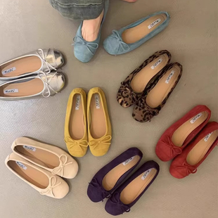 法式复古银色软底单鞋女鞋子夏季瓢鞋晚风蝴蝶结平底鞋红色奶奶鞋