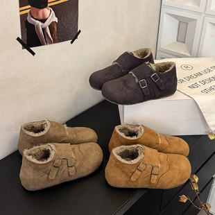 内增高加绒勃肯鞋女2026冬季新款毛绒全包平底一脚蹬懒人保暖棉鞋