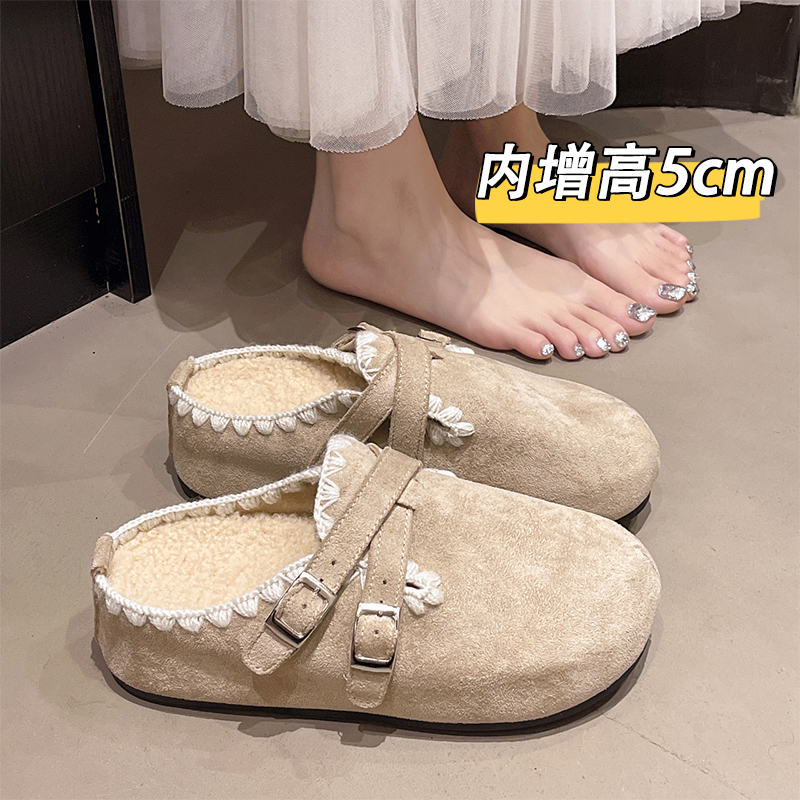 复古松糕厚底内增高加绒包头半拖鞋女外穿2025秋冬新款勃肯棉拖鞋