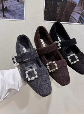 内增高方头水钻加绒毛呢单鞋女2025秋冬新款灰色毛毛玛丽珍晚晚鞋