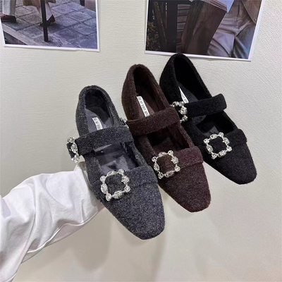 内增高方头水钻加绒毛呢单鞋女