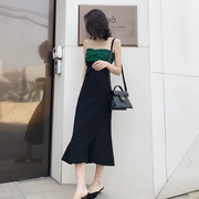 AZHU dì một từ váy mùa thu dài Hồng Kông hương vị mới eo cao đã mỏng không đều màu đen túi đuôi cá - Váy