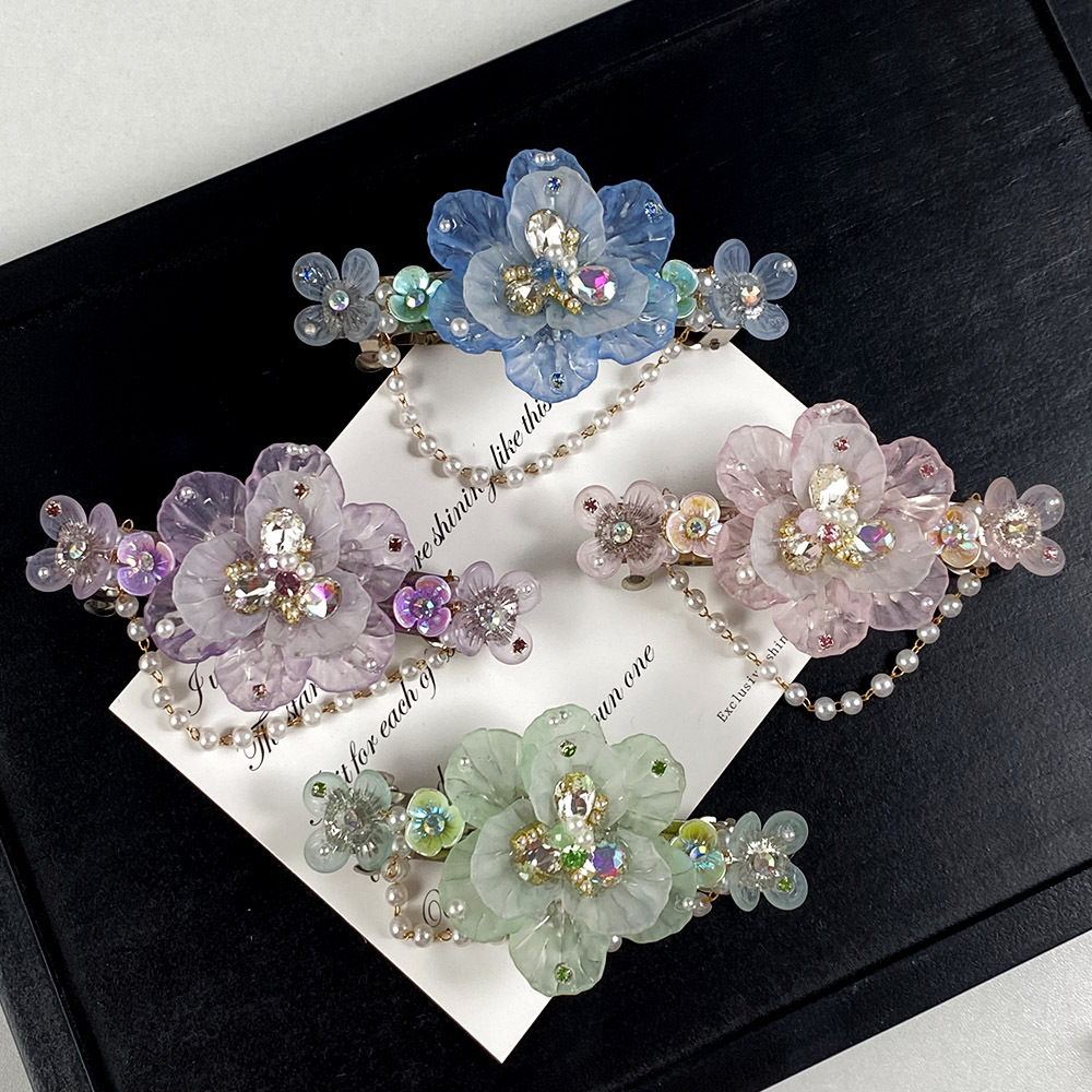 东晖新款原创重工冰晶水晶花朵手作头饰珍珠流苏弹簧夹发夹女