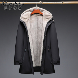 中长款整皮水貂派克服男品质貂袖保暖水貂皮大衣连帽貂内胆外套