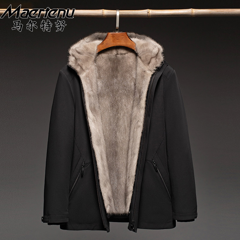 整貂内胆连帽派克服男水貂袖冬季保暖防风外套中年简约可拆卸