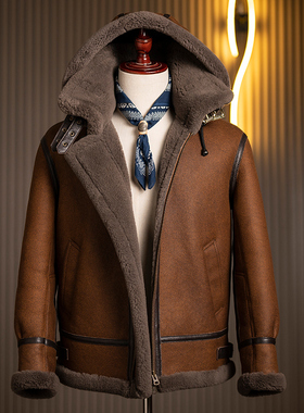 连帽原生态羊皮毛一体经典B3夹克冬季厚皮草外套真皮真毛时尚百搭