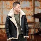 复古原生态羊皮毛一体男冬季 保暖厚羔羊摩托车外套B3夹克时尚 简约