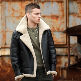 复古原生态羊皮毛一体男冬季保暖厚羔羊摩托车外套B3夹克时尚简约