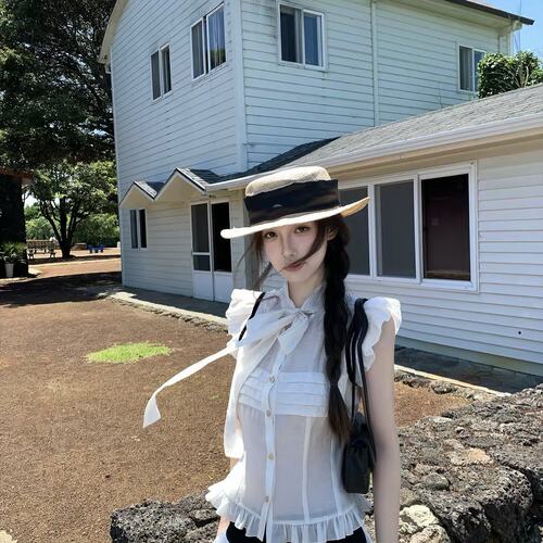 板栗可可Bankelili'zui佳女主'73莱赛尔蝴蝶结系带小飞袖衬衫女夏