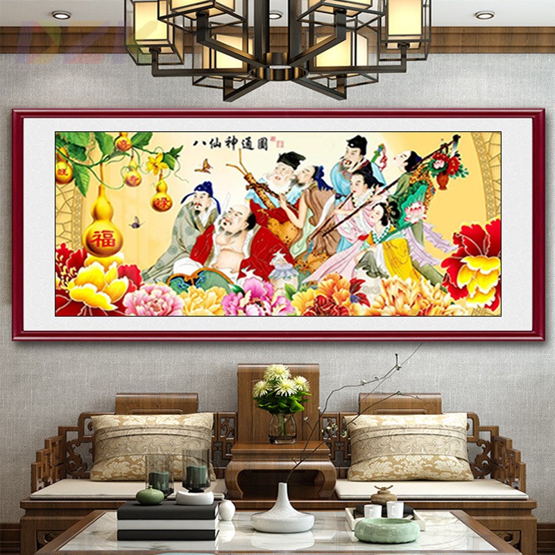 国画人物画新中式八仙过海客厅沙发背景装饰画八仙图壁画实木挂.4