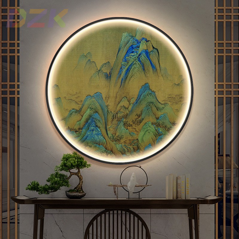 中式圆形装饰画led发光千里江山图书房办公室挂画客厅玄关山水.4