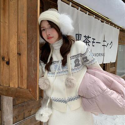 PPHOME自制~白色恋人 费尔岛提花圆领针织开衫女秋冬软糯毛衣外套