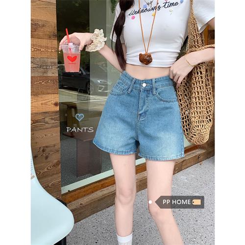 PPHOME女团辣妹~水洗怀旧蓝牛仔短裤女高腰a字直筒阔腿小个子热裤