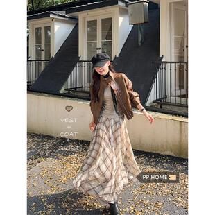 PPHOME复古棕色立领短款皮衣女秋季甜酷高级感休闲宽松夹克衫外套